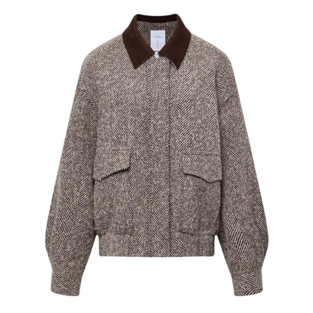 Dakota Tweed Baseball Jacket in Wool, Brown, Size M